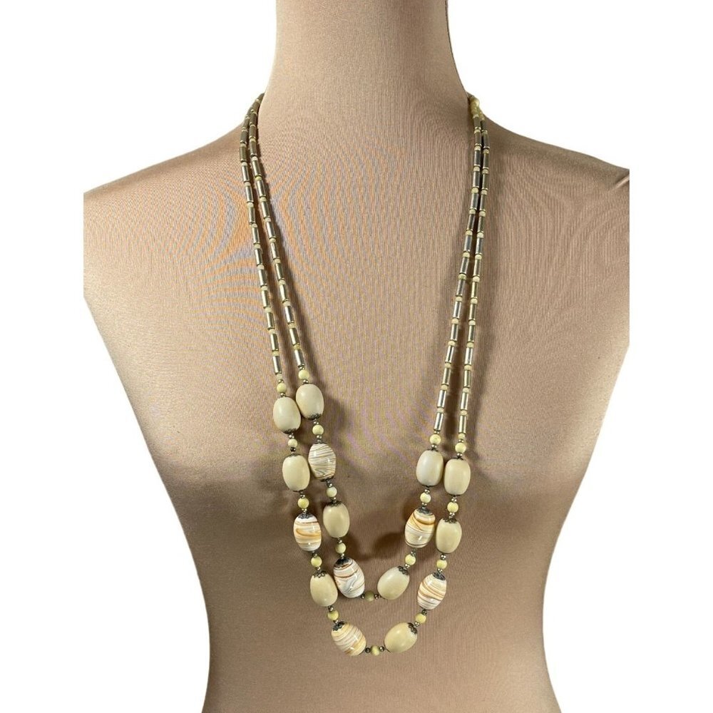 New Liz Claiborne Barrel Bead Double Strand Statement Necklace Gold Tone